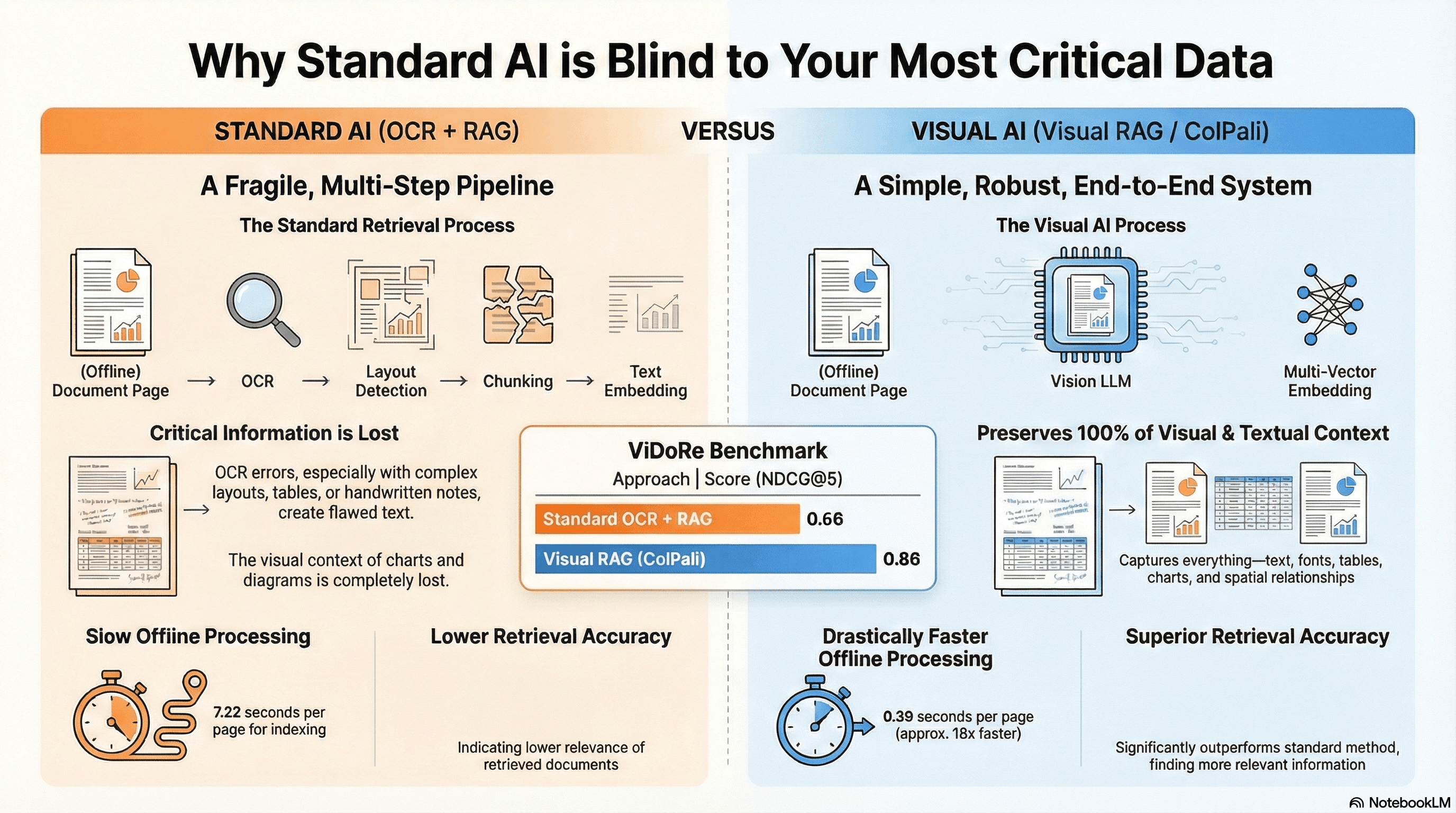 Comparison of Standard AI vs Visual Retrieval: showing how text-based systems miss tables, charts, and handwritten notes while visual retrieval captures the full context