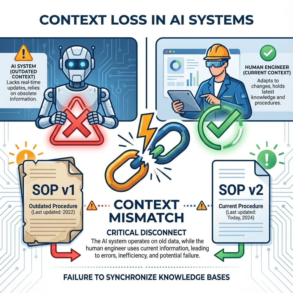 Context Loss Diagram: AI reading outdated SOP v1 while team uses current SOP v2